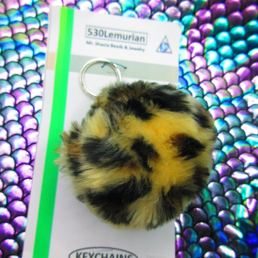 Cheetah Puffball Pom Pom Keychain With Silver Finish Findings
